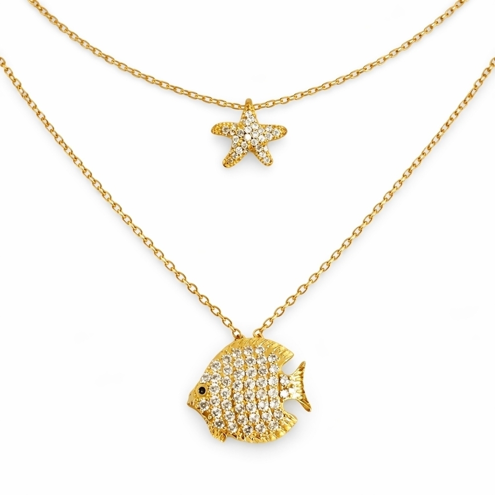 Gold CZ Ocean Charm Necklaces | Fish & Starfish Pendants | Coastal Luxe